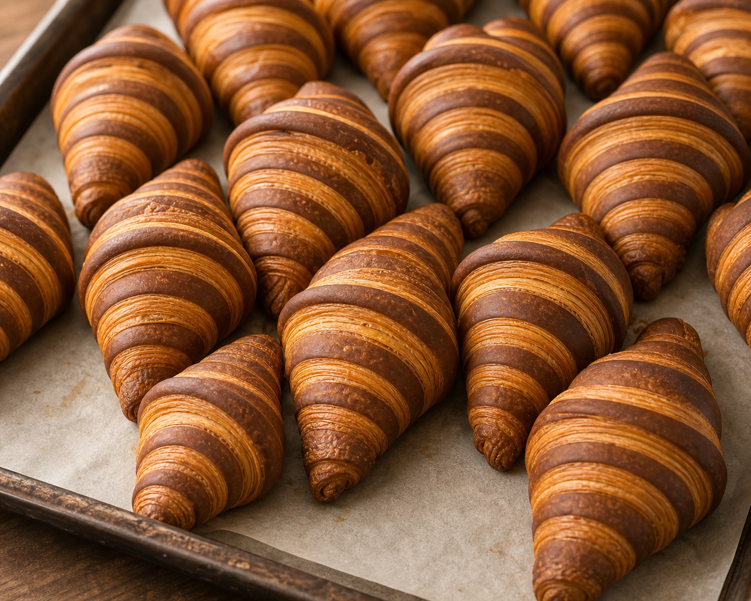 Bandeja de croissants bicolor reci&eacute;n horneados en obrador