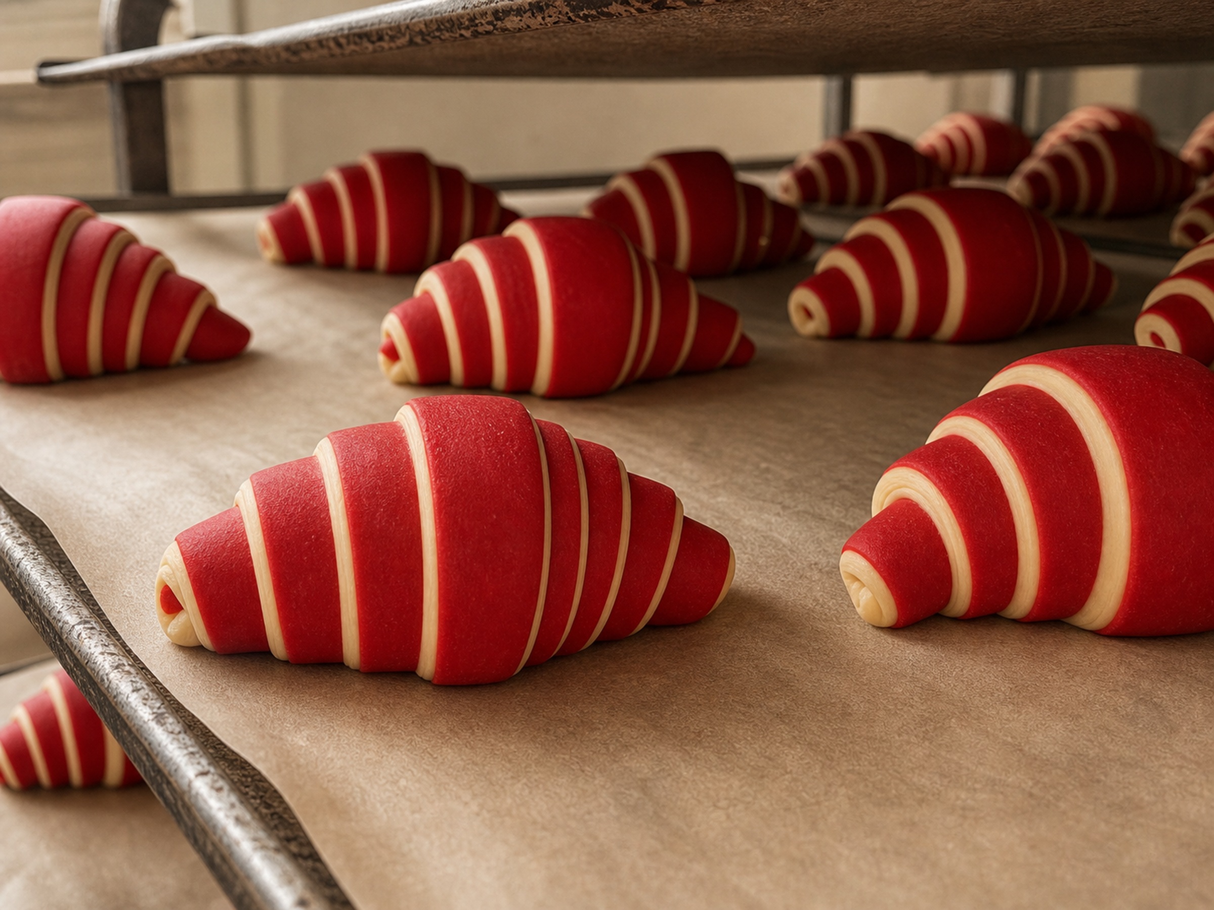 Lote de croissants bicolor rojos crudos preparado para fermentar