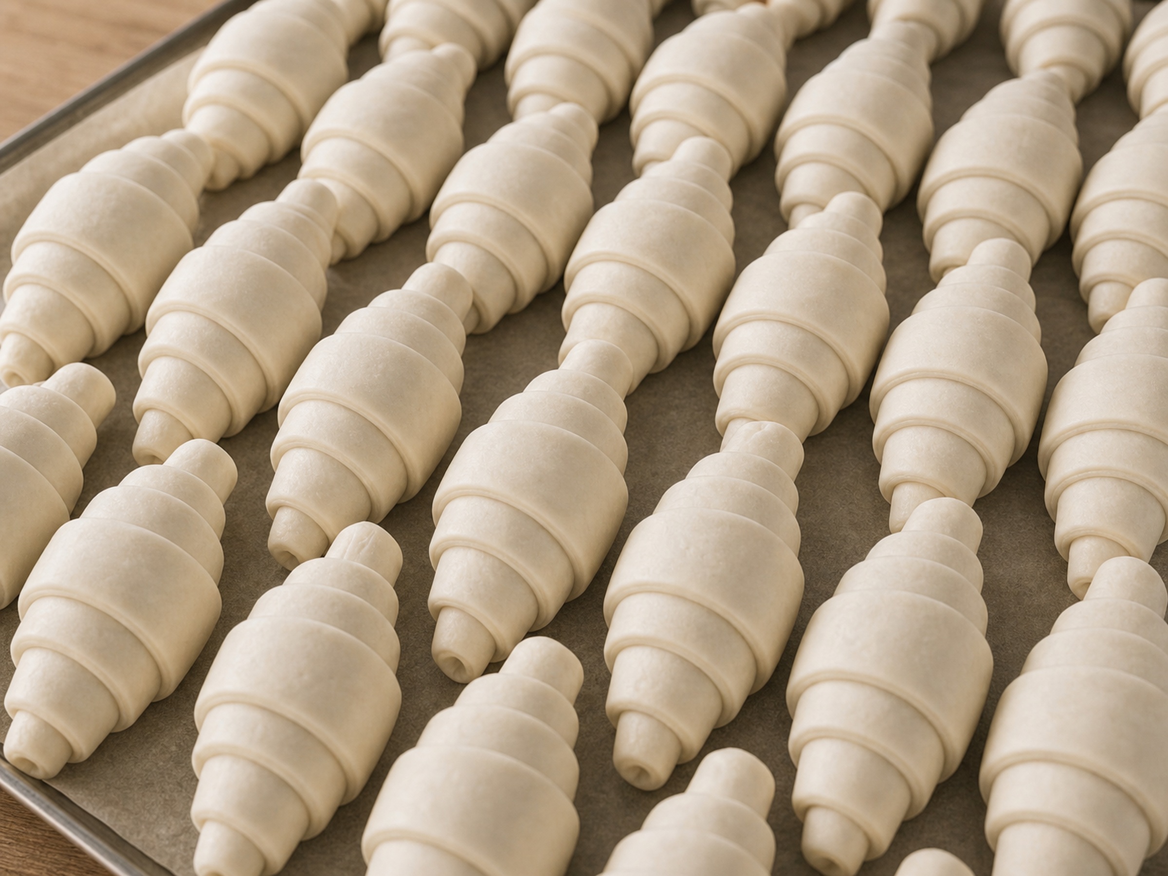 Lote de masa de croissant cruda LE CROISE preparado para fermentar y hornear en el obrador del cliente