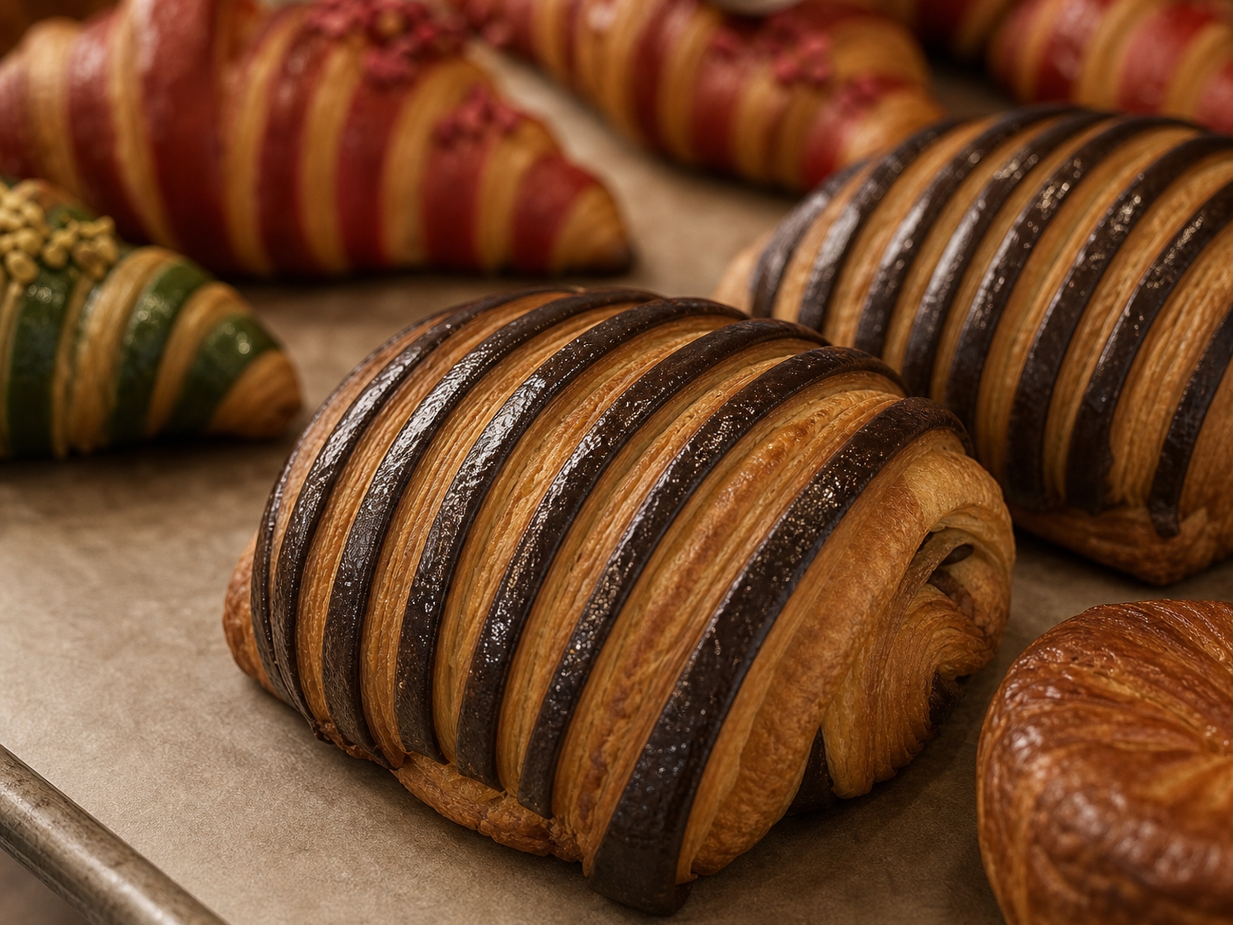 Detalle de croissant de cacao laminado, perfil gourmand de mostrador