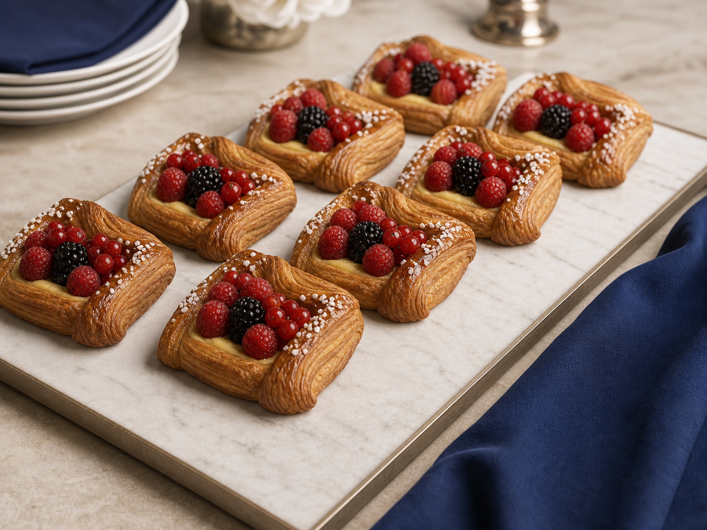 Selecci&oacute;n de p&acirc;tisserie de fruta roja presentada para servicio de hotel