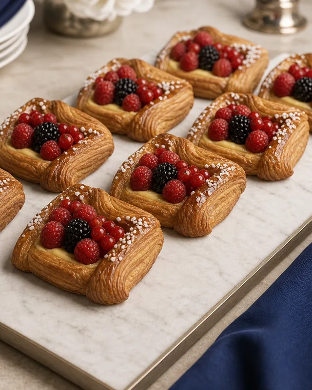 Selecci&oacute;n de p&acirc;tisserie de fruta roja presentada para servicio de hotel
