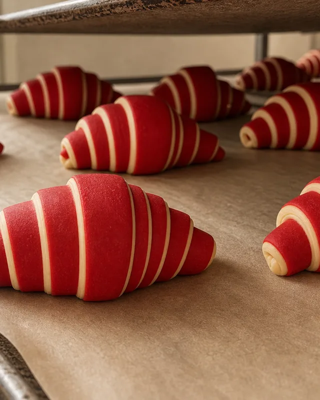 Lote de croissants bicolor rojos crudos preparado para fermentar